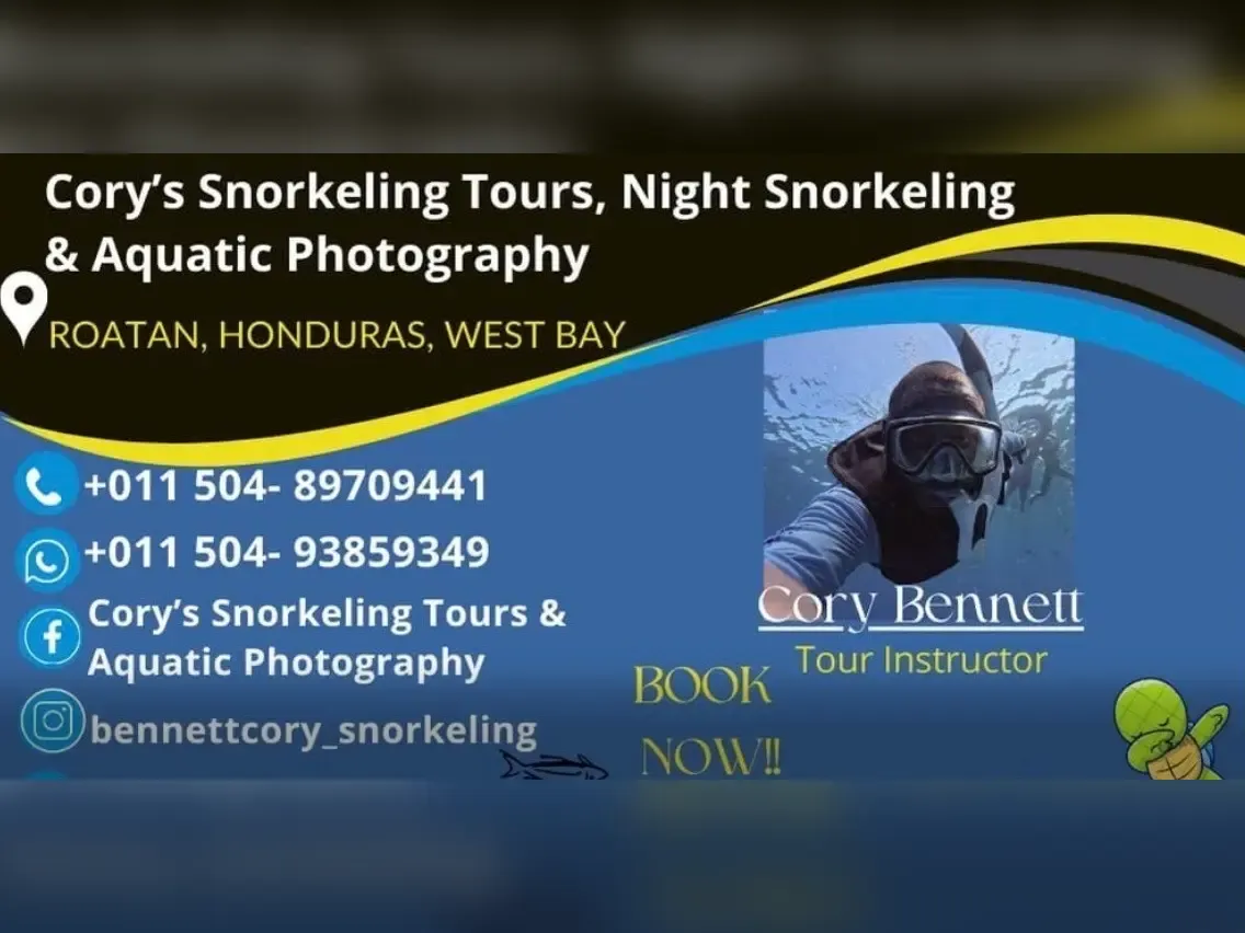 Cory's Snorkeling Tours card for tour instructor Cory Bennett in West Bay, Roatan, with phone and WhatsApp numbers.