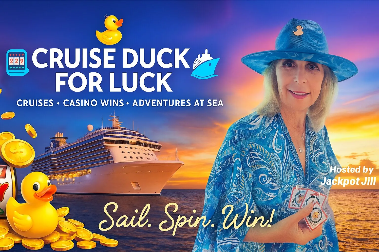 Cruise Duck for Luck promo artwork with Jackpot Jill, a cruise ship at sunset and rubber ducks.