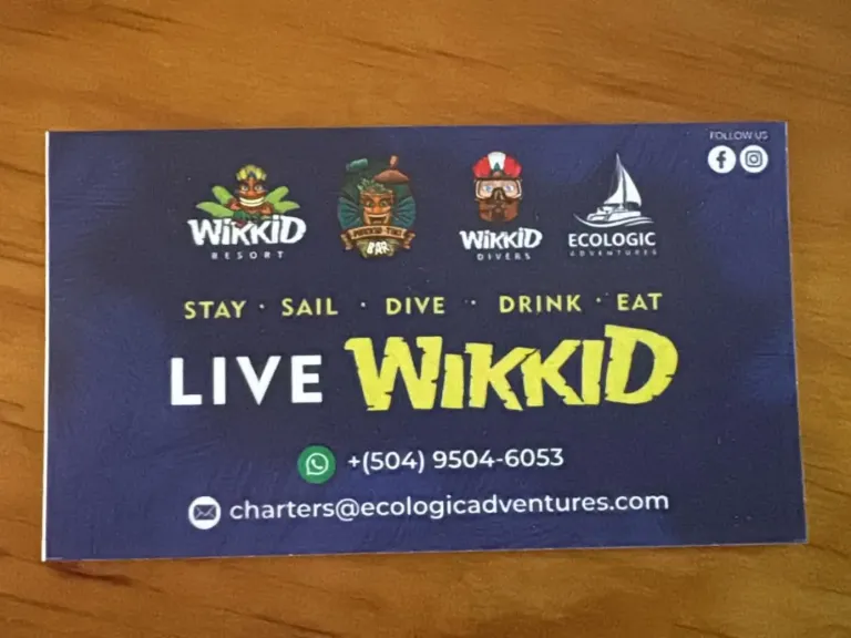 Live Wikkid card for Wikkid Resort, Wikkid Divers and Ecologic Adventures: stay, sail, dive, drink, eat.