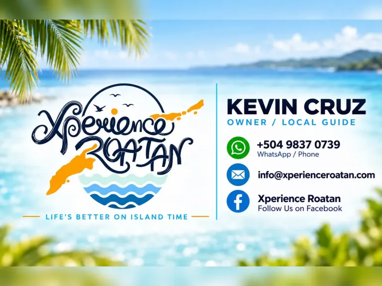 Xperience Roatan card with its island logo and contact details for owner and local guide Kevin Cruz.